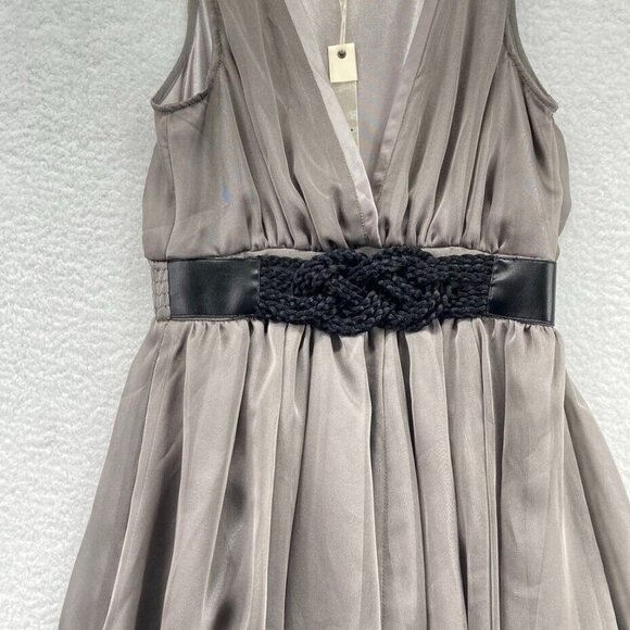 Ya Los Angeles Fit Flare Dress Size Small Gray V Neck Braided Belt Chiffon New - Picture 3 of 10